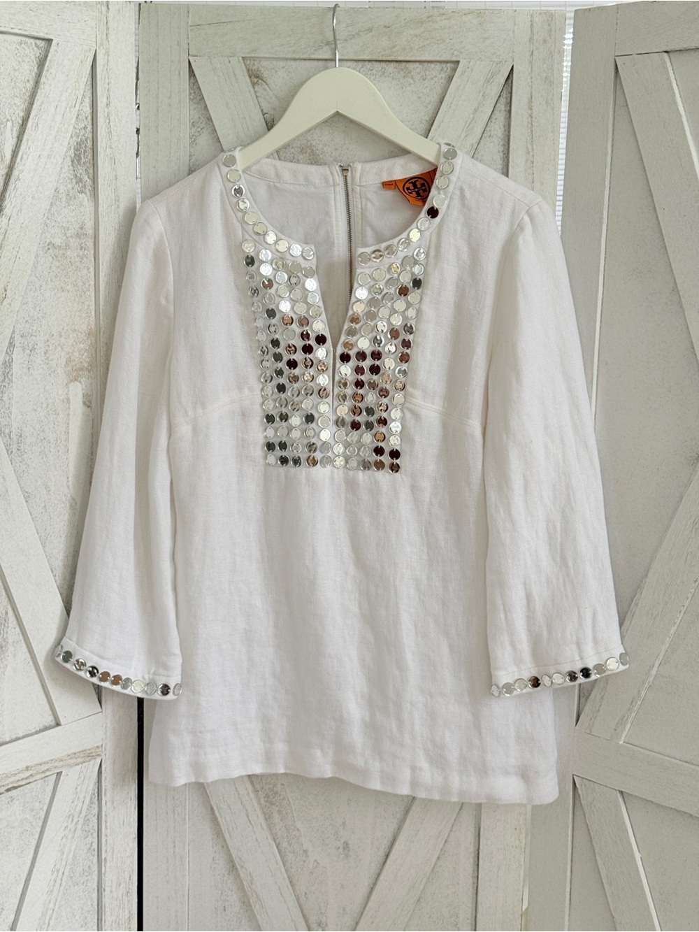 Tory Burch White Linen Tunic with Silver Sequin Trim
